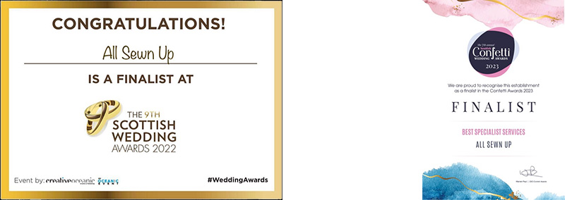 Finalist at the Scottish Wedding Awards 2022. Confetti Awards 2023 Finalist Best Specialist Services